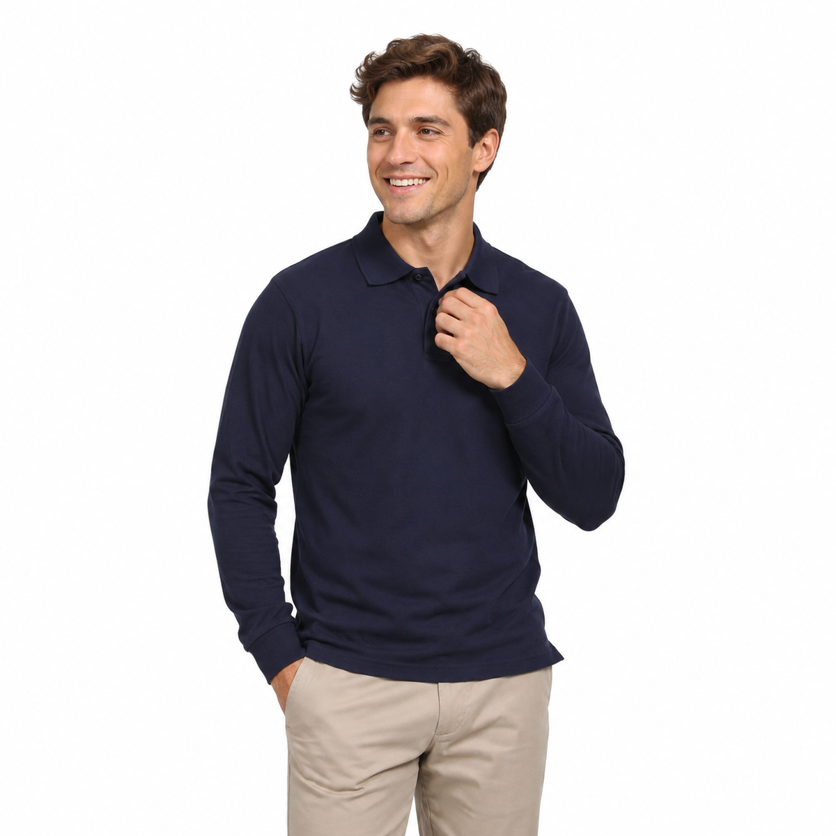 Polera Pique Hombre Manga Larga Azul Marino