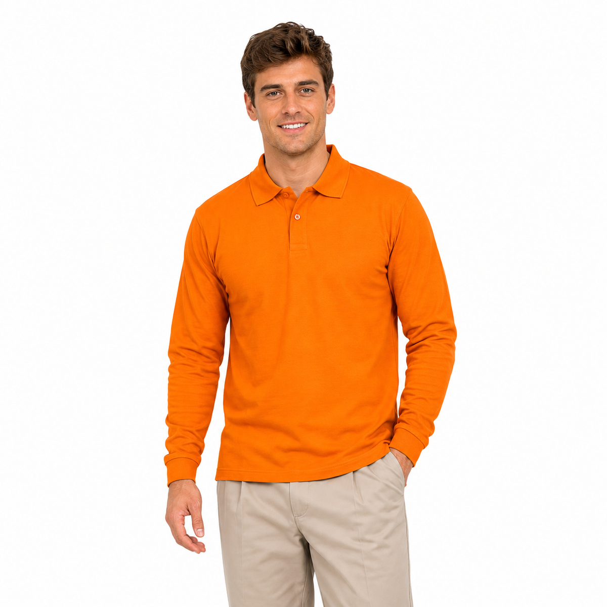 Polera Pique Hombre Manga Larga Naranja - S